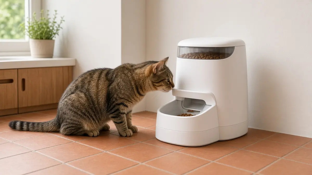 Gato olfateando un comedero automático