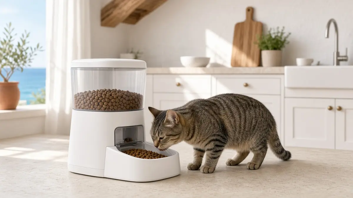 Gato atigrado comiendo de un comedero automático en la cocina