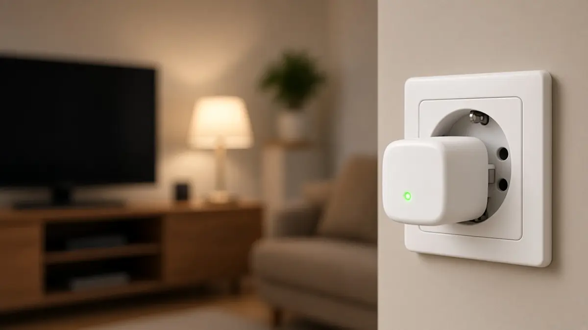 Enchufe inteligente blanco conectado a la pared de un salón con televisor