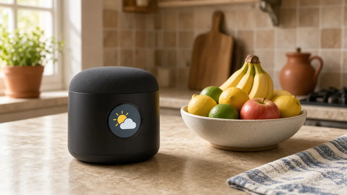 Altavoz inteligente con pantalla en la cocina