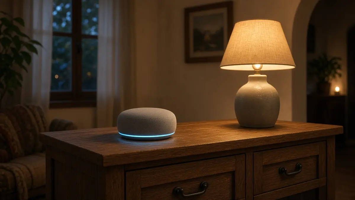 Altavoz inteligente en el salón controlando las luces de casa