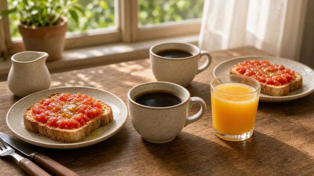 Desayuno español con café y tostadas con tomate junto a una ventana soleada