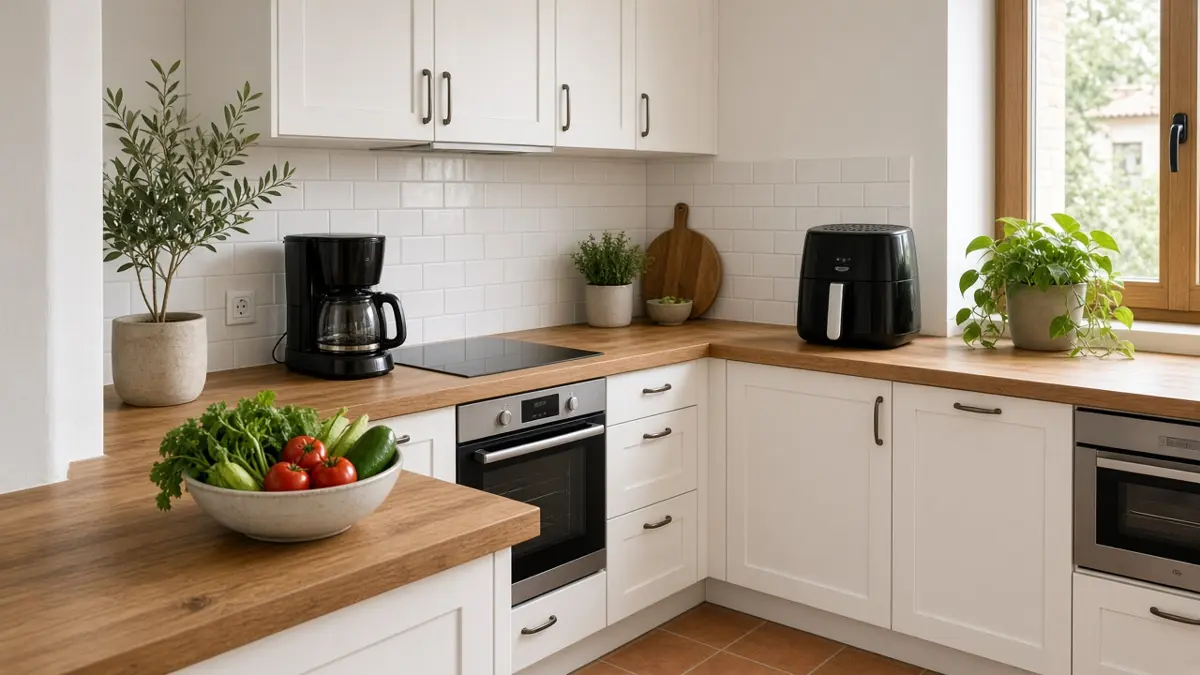 Cocina luminosa con freidora de aire, cafetera y verduras frescas