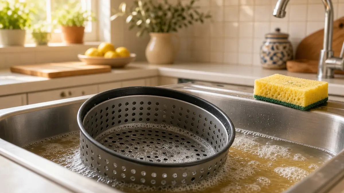 Cesta de freidora de aire en remojo con agua y jabón