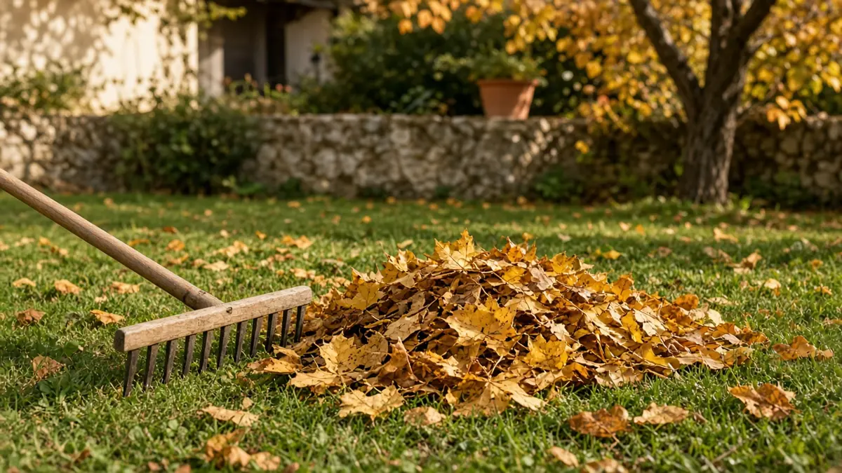 Rastrillo y hojas de otoño sobre el césped
