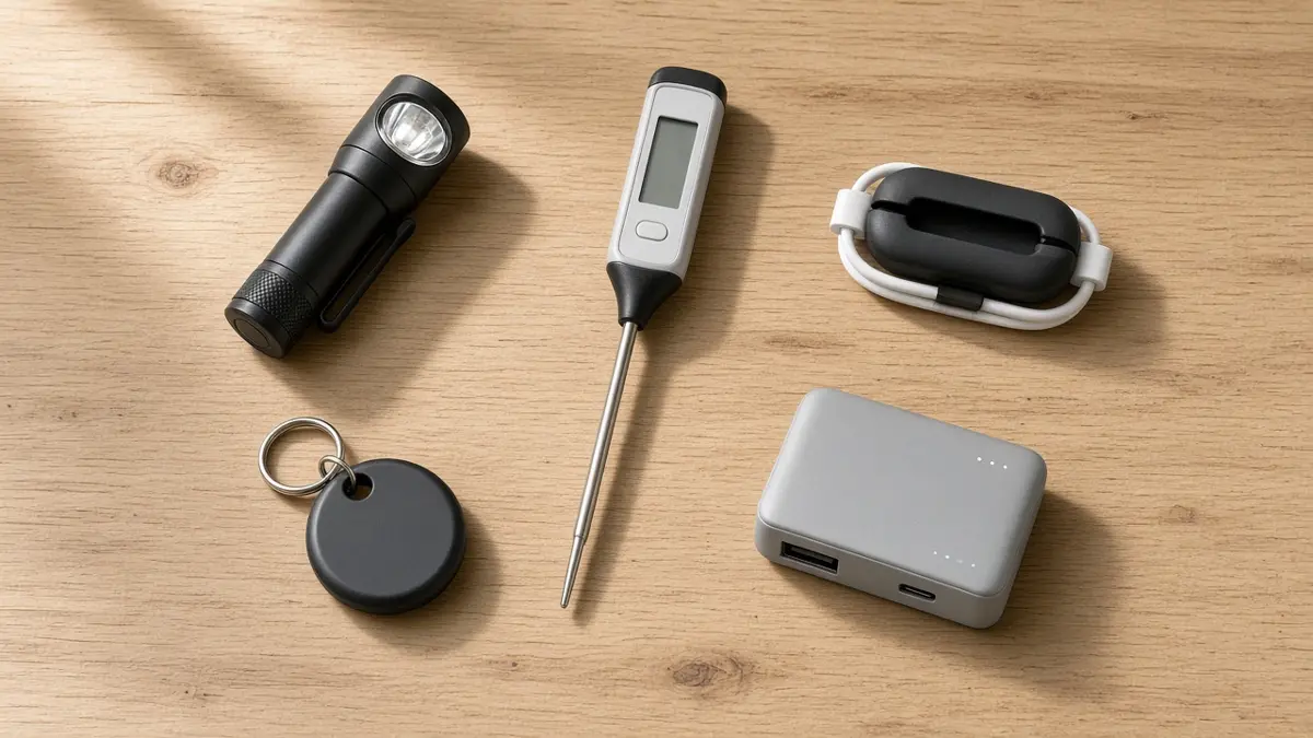 Pequeños gadgets útiles para casa sobre una mesa de madera
