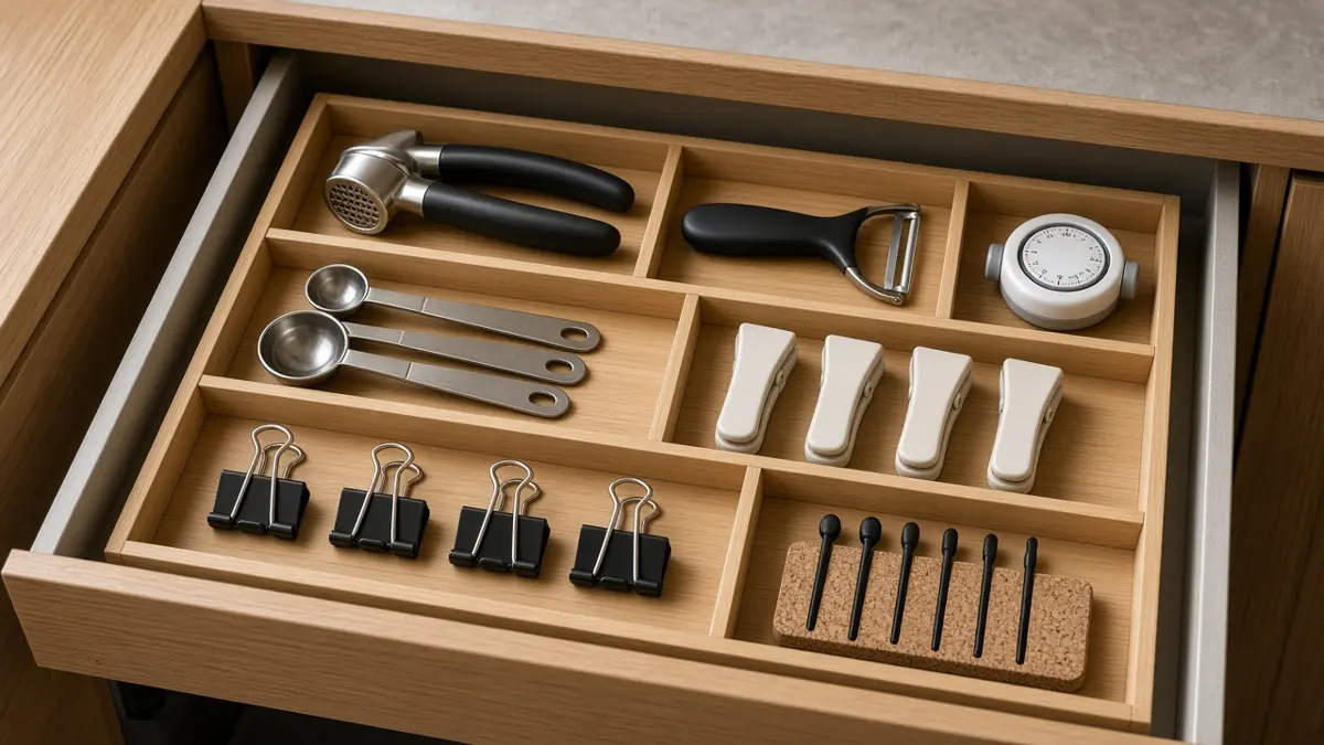 Cajón de cocina organizado con utensilios prácticos