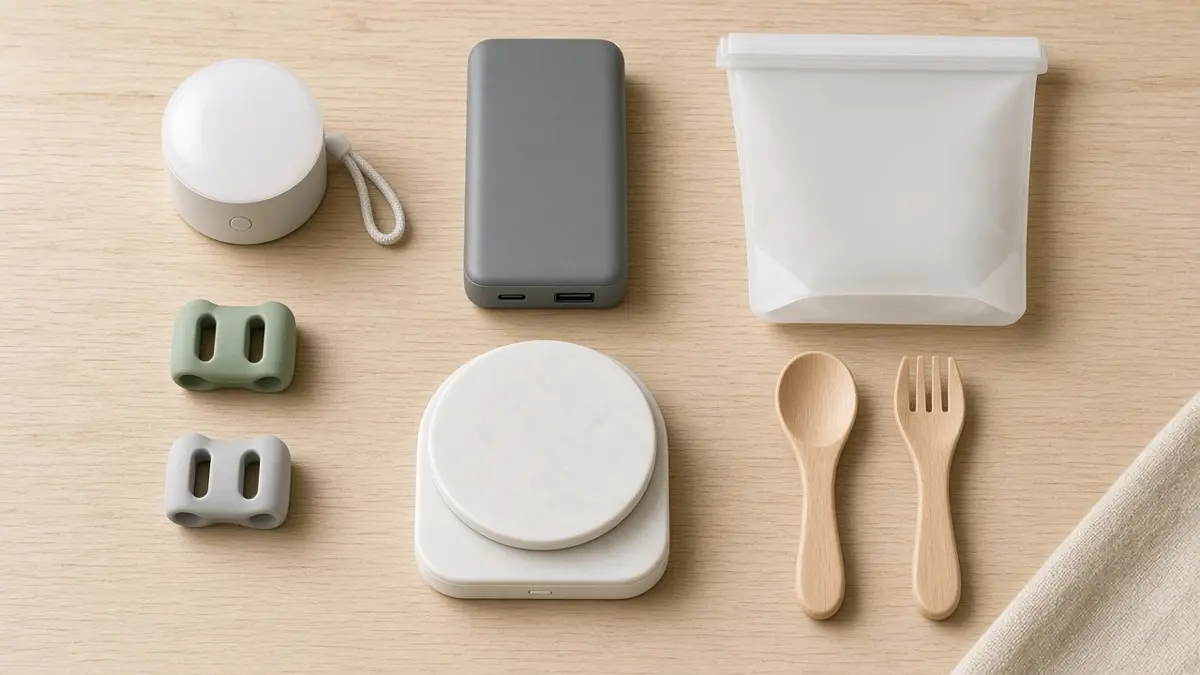 Pequeños gadgets útiles para casa sobre una mesa de madera