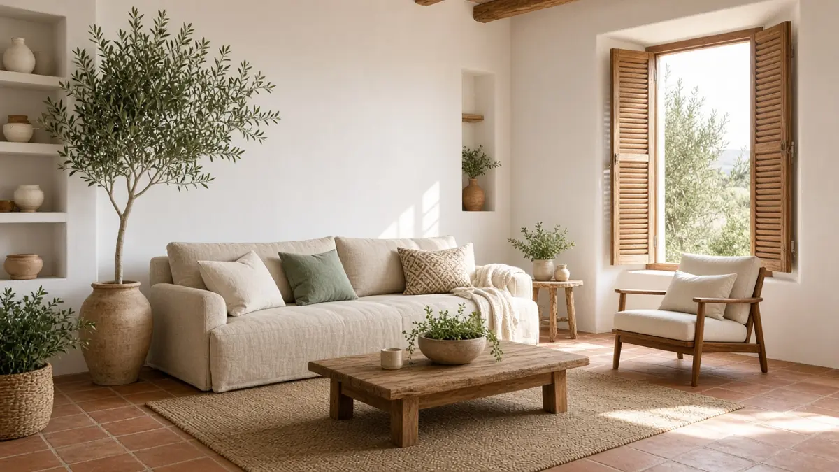 Salón mediterráneo luminoso con sofá de lino y contraventanas de madera
