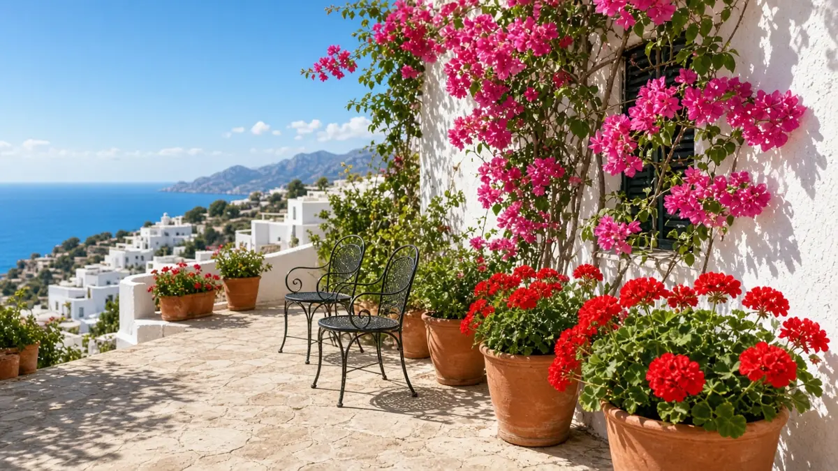 Terraza con geranios en macetas de barro y buganvilla