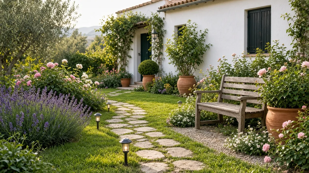 Jardín mediterráneo con césped, lavanda, camino de piedra y luces solares