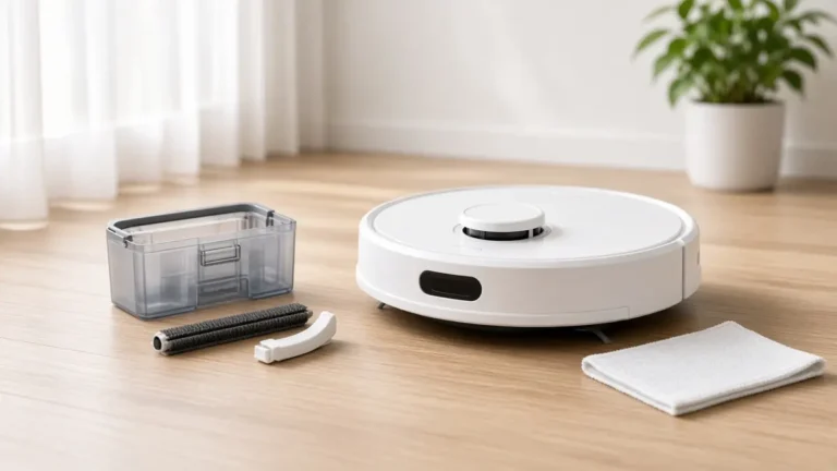 Robot aspirador blanco junto a su depósito, cepillo lateral y un paño de limpieza