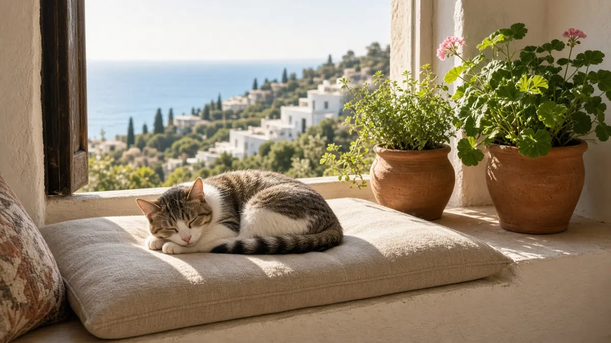 Gato durmiendo al sol en el poyete de una ventana
