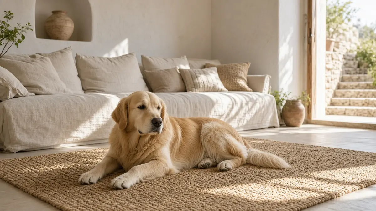 Perro tumbado en una alfombra de yute en un salón luminoso