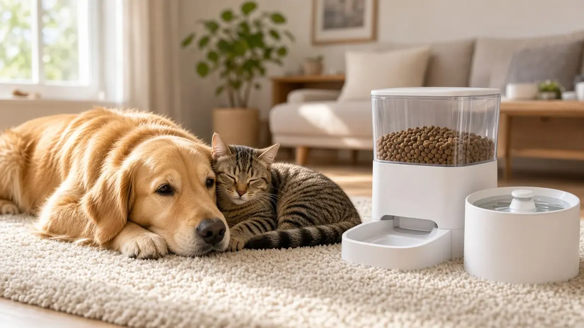 Perro y gato descansando junto a un comedero automático