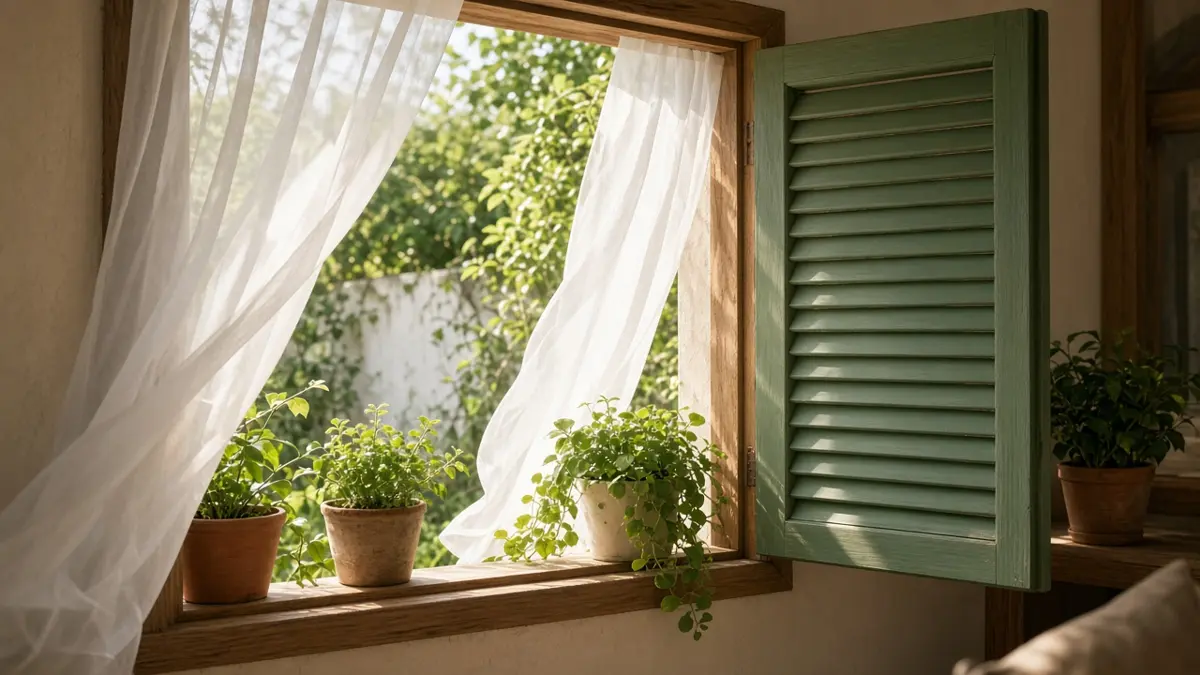 Ventana abierta ventilando una habitación por la mañana