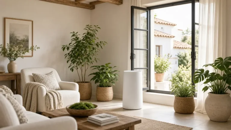 Salón luminoso con plantas, ventana abierta y un purificador de aire blanco