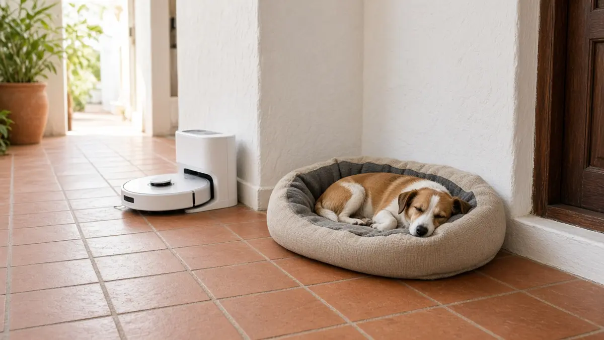 Robot aspirador con base de autovaciado en un hogar con mascota