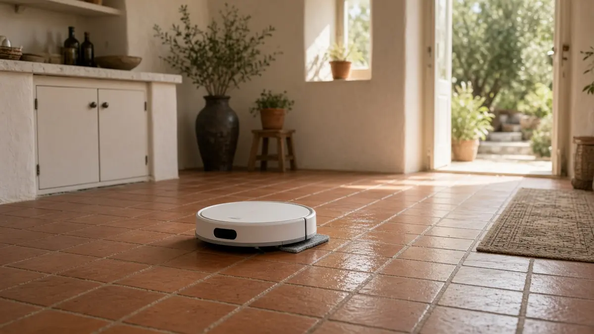 Robot aspirador y fregona sobre suelo de barro cocido limpio