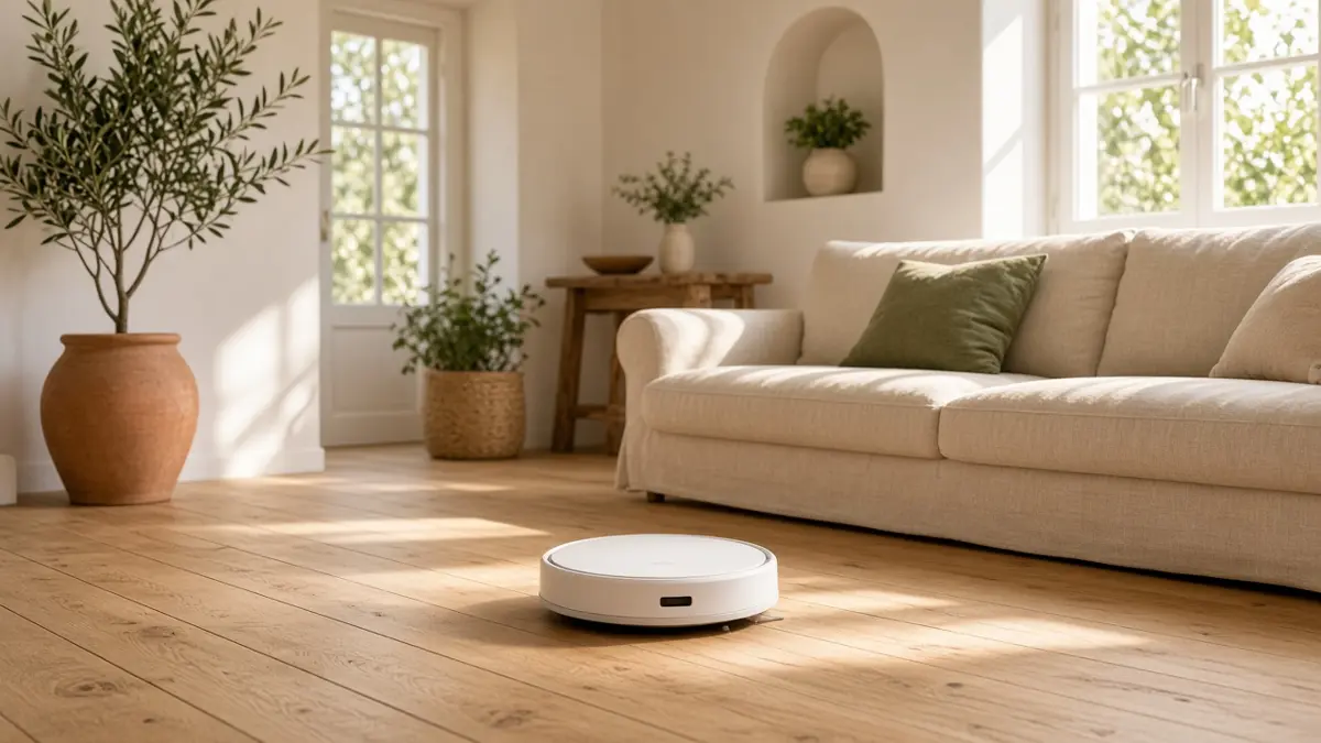 Robot aspirador limpiando el suelo de un salón luminoso