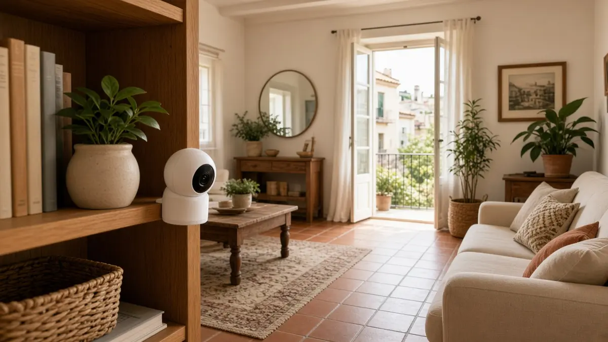 Cámara de vigilancia WiFi en una estantería del salón