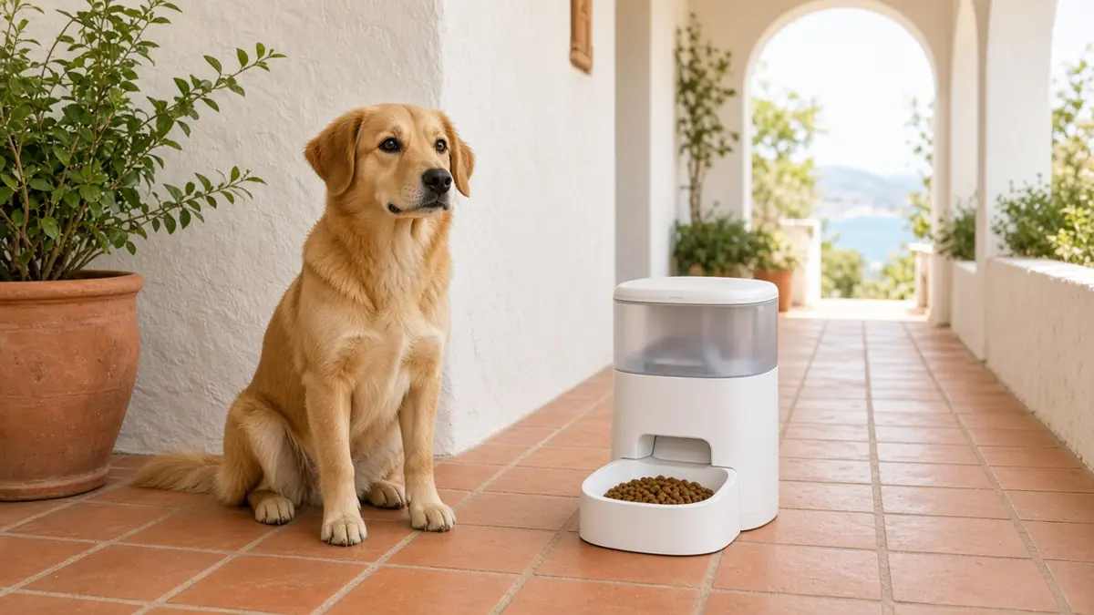 Perro junto a un comedero automático