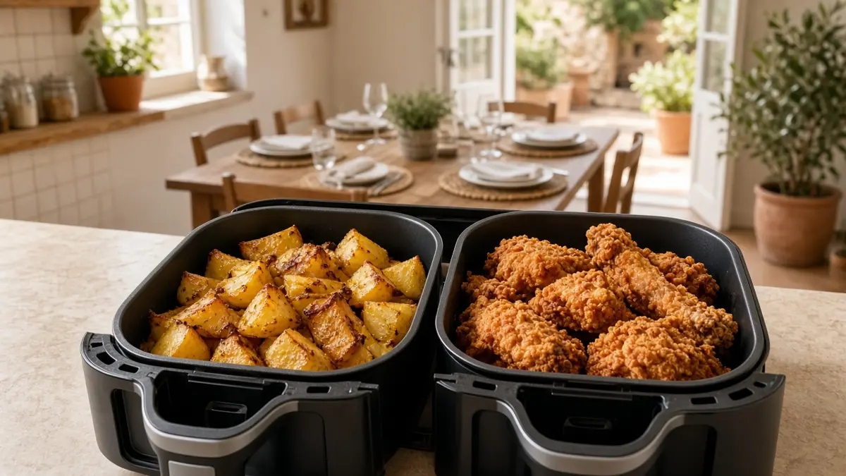 Freidora de aire de doble cesta con patatas y pollo, ideal para familias