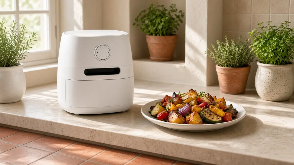 Freidora de aire compacta con verduras crujientes en una cocina luminosa