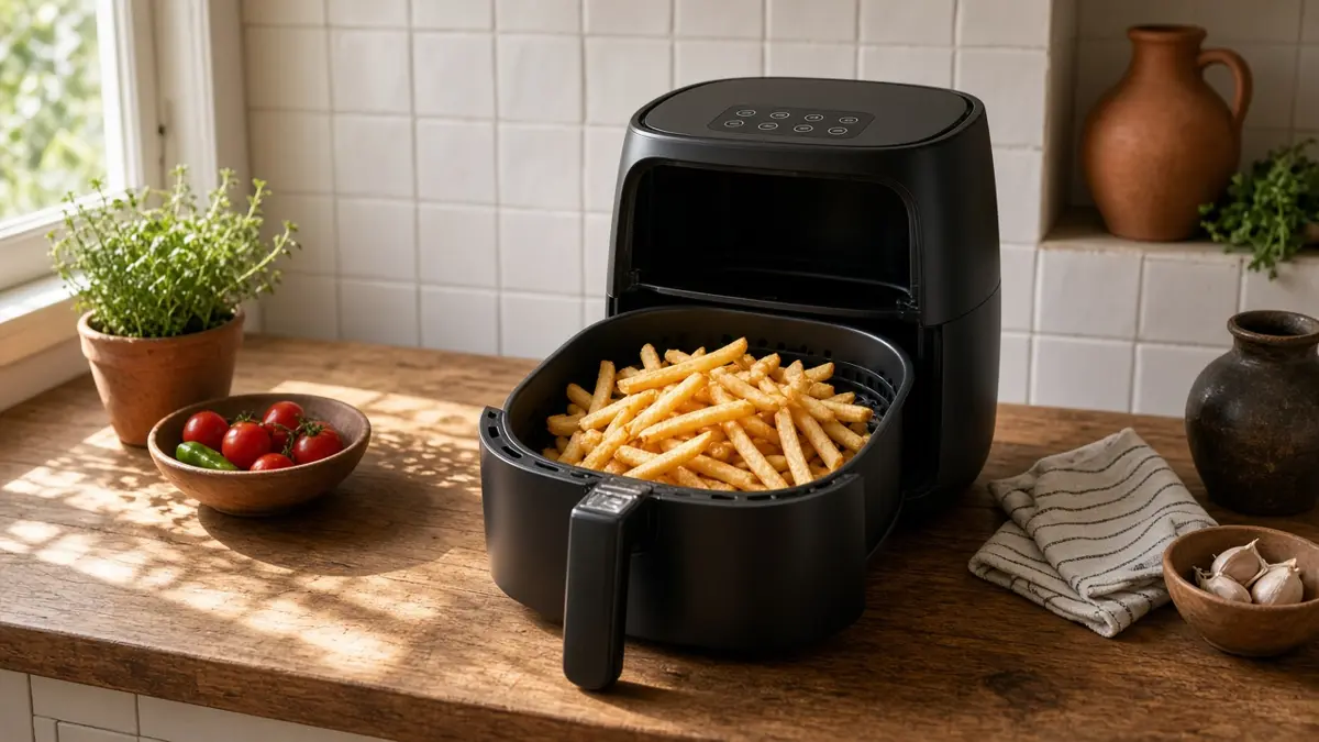 Freidora de aire con patatas fritas doradas en una cocina mediterránea