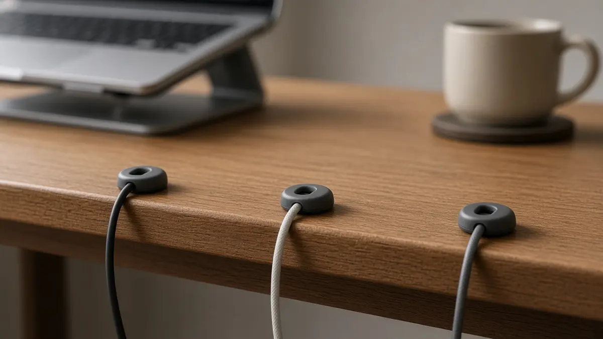Escritorio ordenado con clips magnéticos para cables