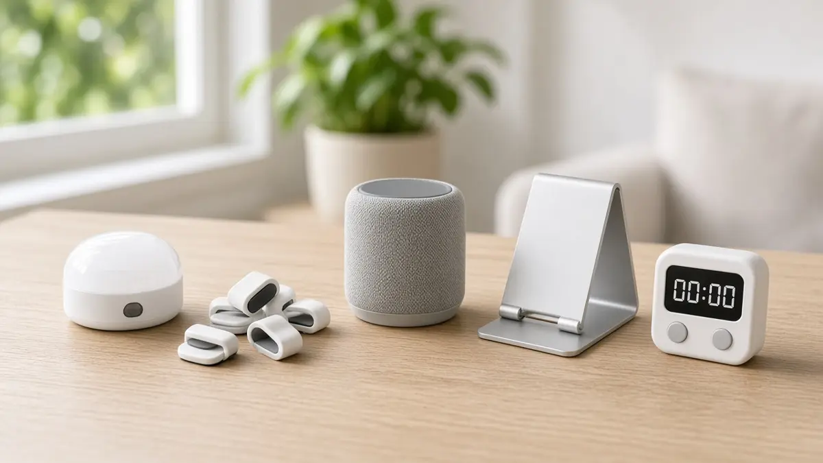 Pequeños gadgets para casa sobre una mesa: altavoz inteligente, luz, soporte de móvil y temporizador