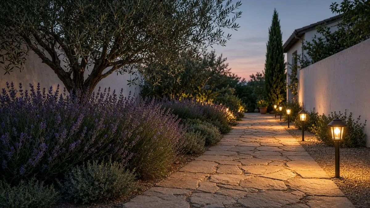 Luces solares iluminando un camino de jardín al atardecer