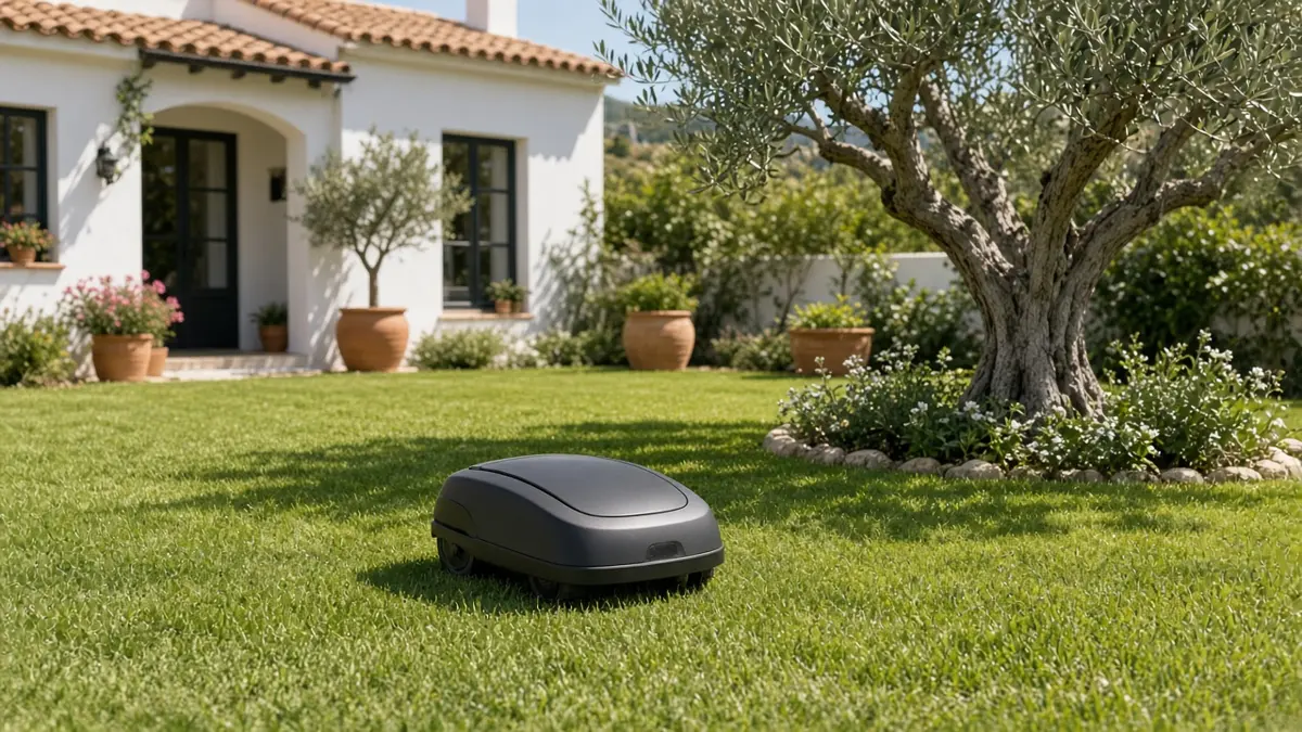 Robot cortacésped trabajando en el jardín