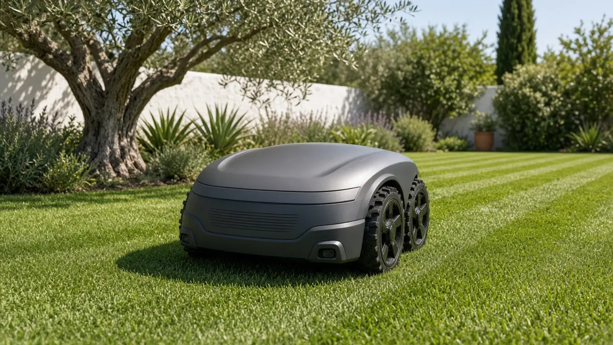 Robot cortacésped gris sobre césped recién cortado junto a un olivo