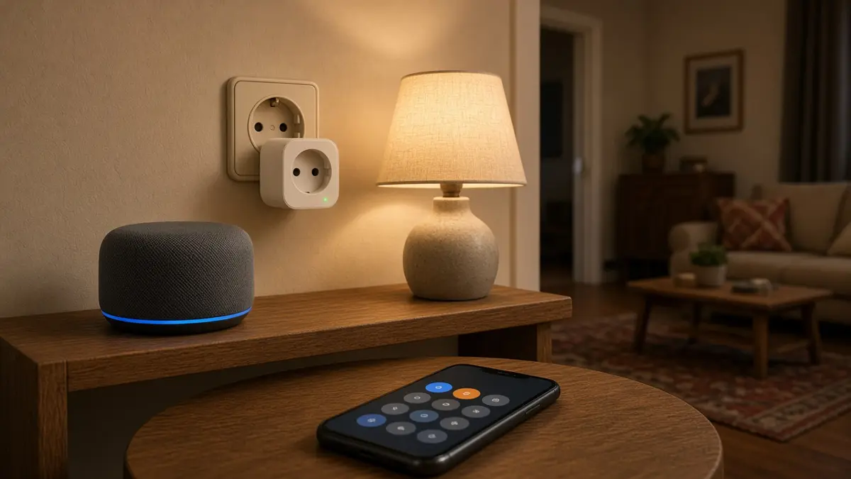 Hogar inteligente con altavoz, enchufe inteligente europeo y móvil